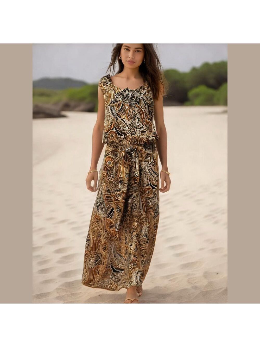 80s MAGGY LONDON SILK TRIBAL PRINT SLEEVELESS CINCH TIE WAIST MAXI DRESS SZ 14